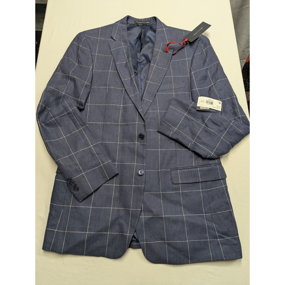 Tommy Hilfiger Trevor Navy White Windowpane Linen Cotton Sport Coat Blazer 42L